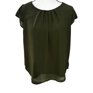 Lily White Olive Green Chiffon Blouse Women’s Large Pleated Cap Sleeve Top